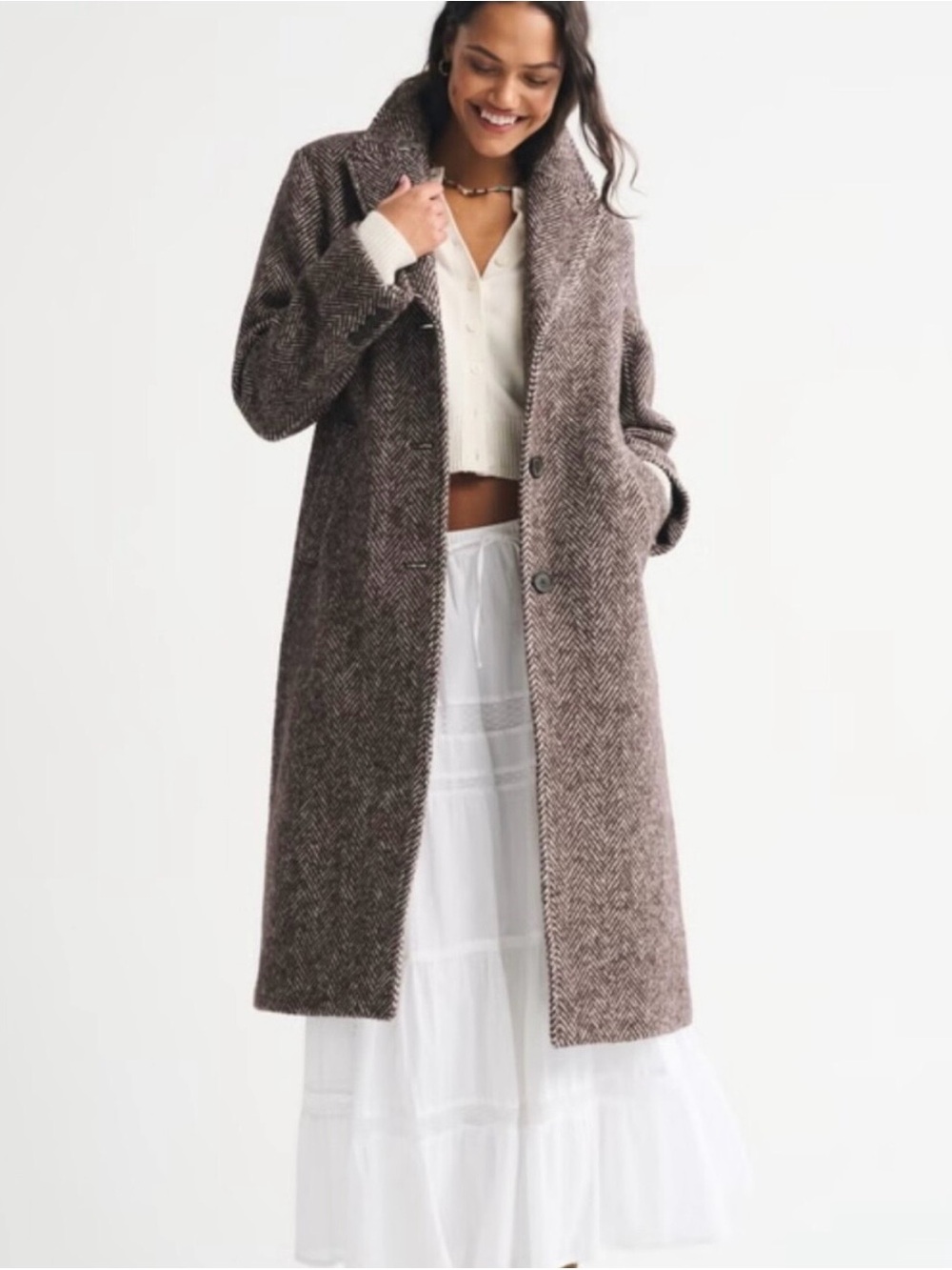 Abercrombie & Fitch Brown Herringbone Long Coat
